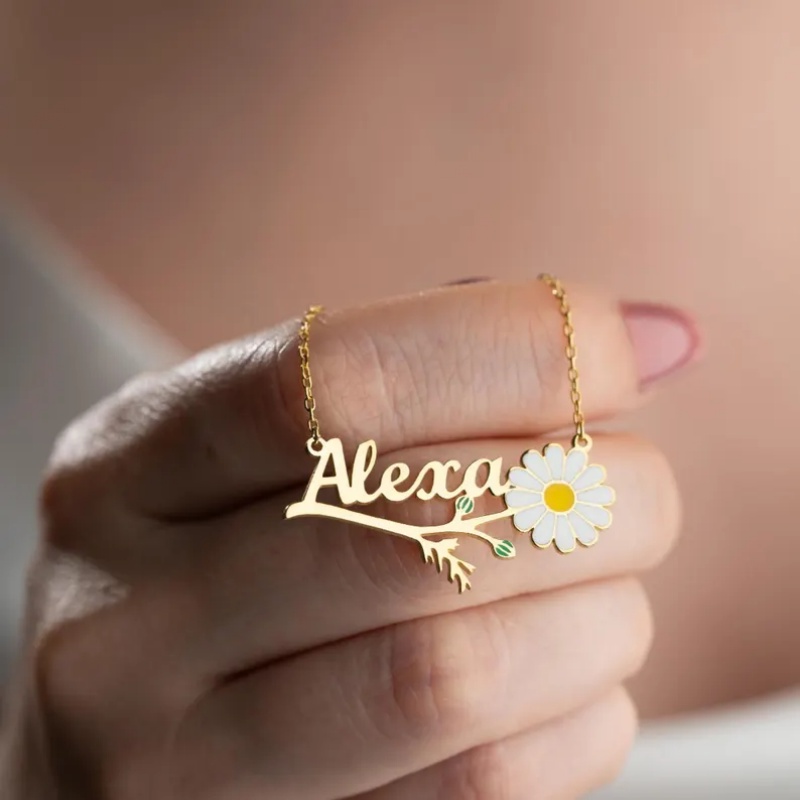 Birth Flower Necklace - Roro's personalisierte bunte Emaille-Gänseblümchen-Namenskette, goldener Namensschild-Anhänger