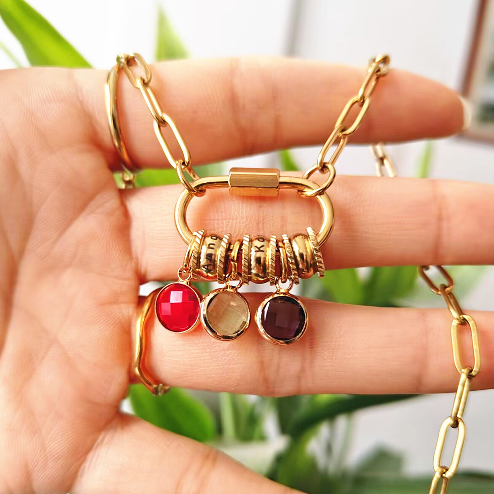 Birth Flower Necklace - Benutzerdefinierte Karabiner Name Charm Halskette Edelstahl